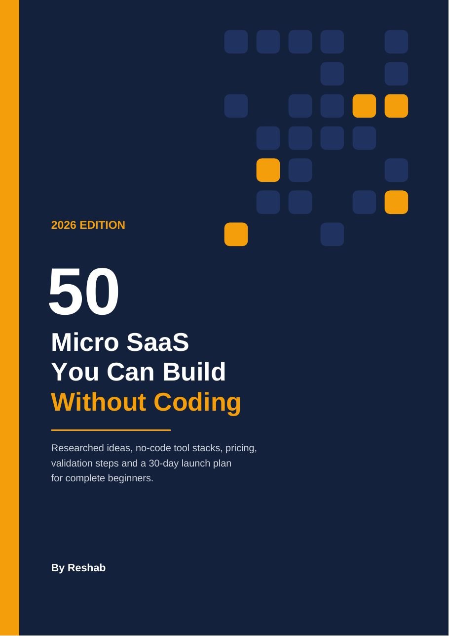 Cover of the eBook '50 Micro SaaS You Can Build Without Coding', 2026 Edition, by Reshab
